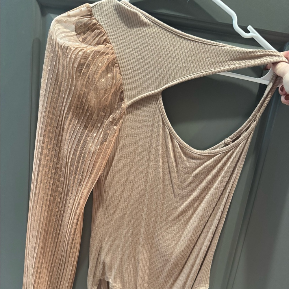 One shoulder bodysuit with cutout and sheer sleeve- beige